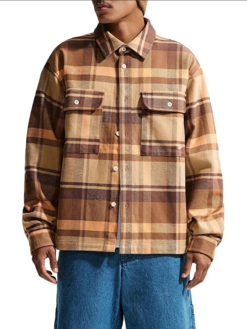 Nike Men's Plaid Button-Down Shirt Jacket in Brown and Tan